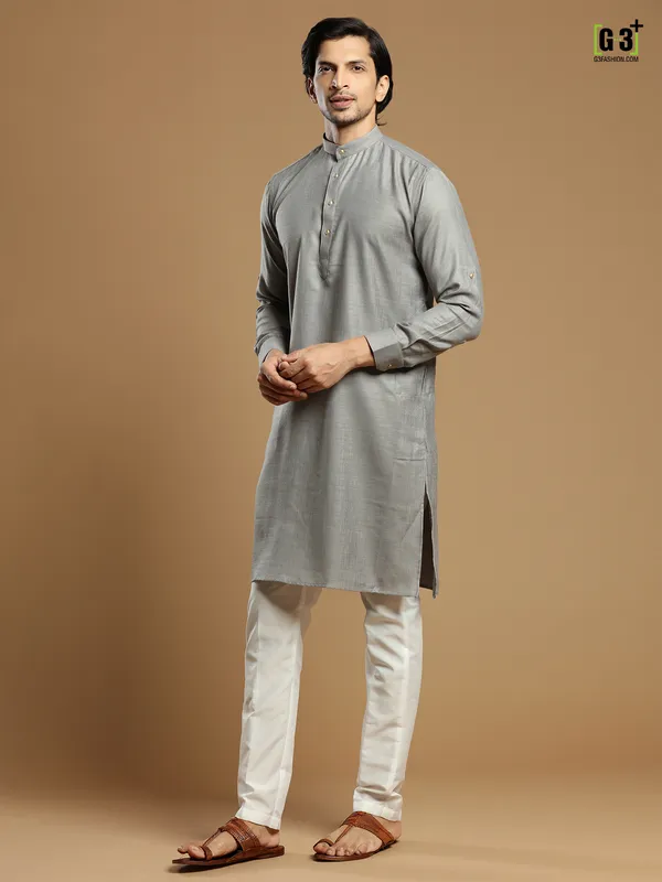 Fabulous grey solid cotton men festive events kurta suit