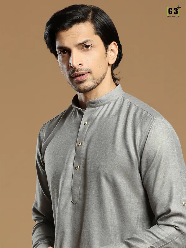 Fabulous grey solid cotton men festive events kurta suit