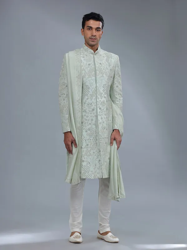Fabulous light green raw silk sherwani for groom