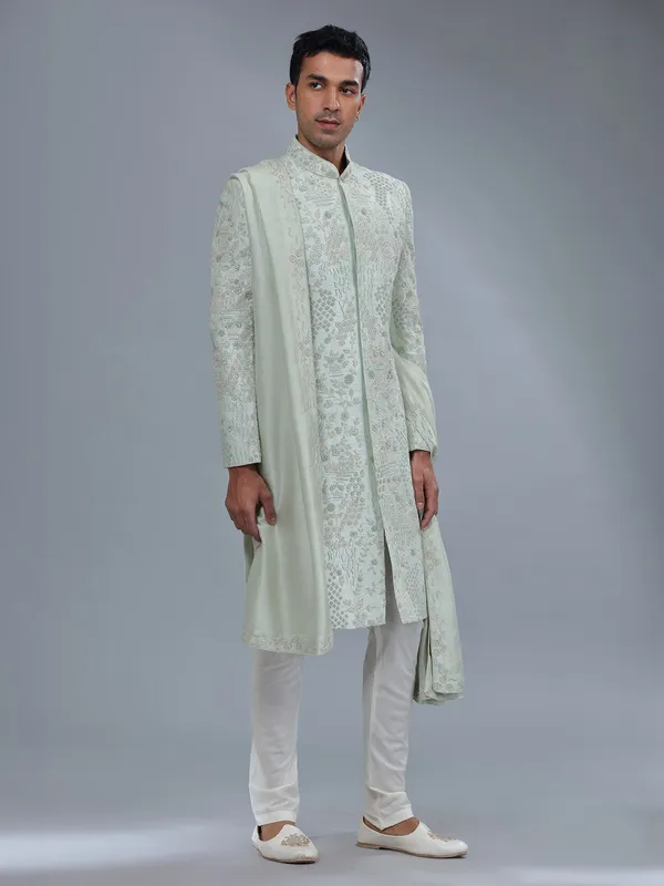 Fabulous light green raw silk sherwani for groom