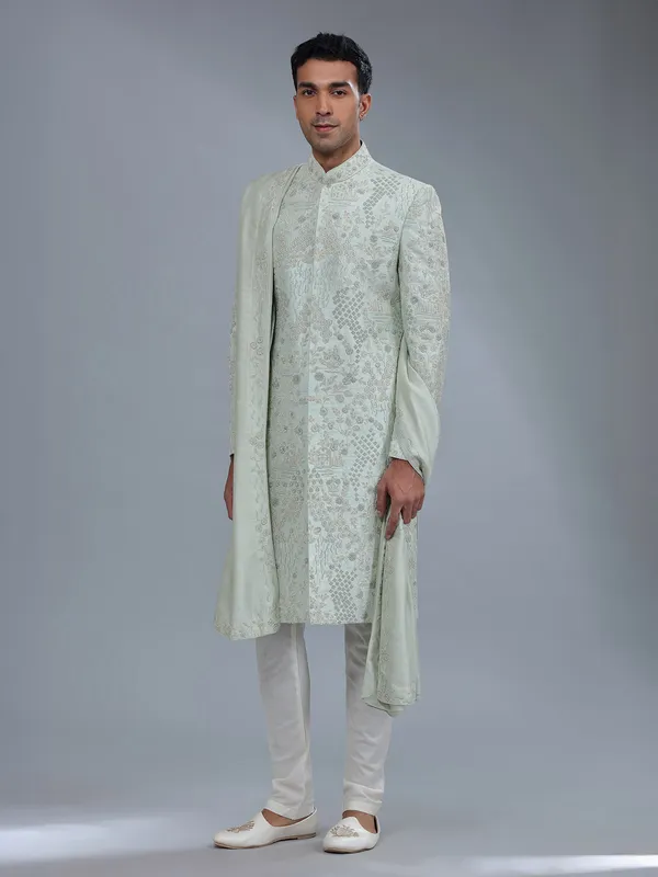 Fabulous light green raw silk sherwani for groom
