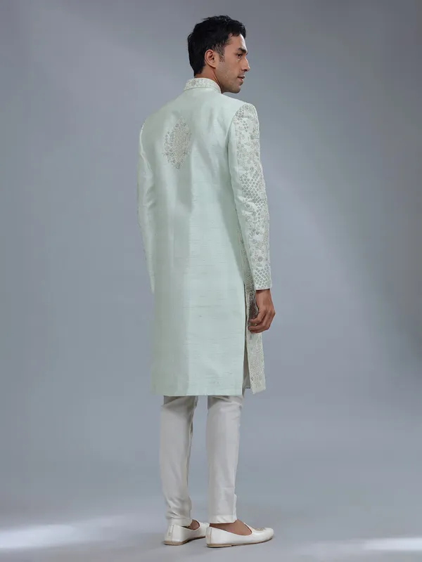 Fabulous light green raw silk sherwani for groom