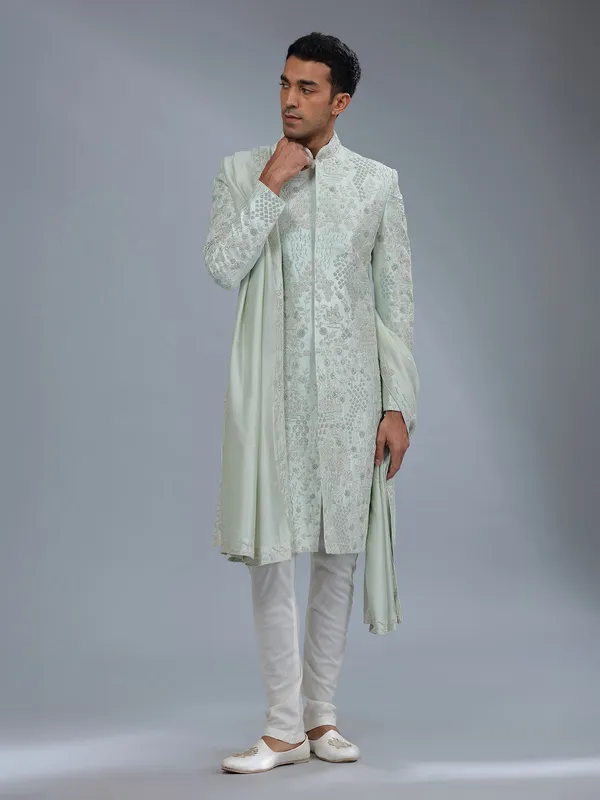 Fabulous light green raw silk sherwani for groom