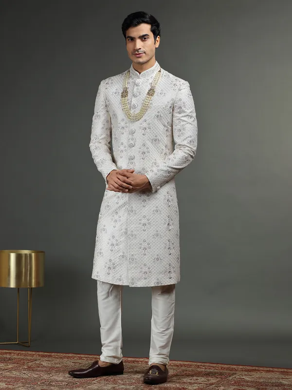 Fabulous off white raw silk sherwani