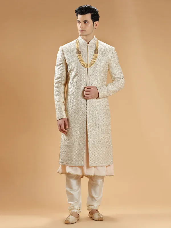 Fabulous peach raw silk groom sherwani