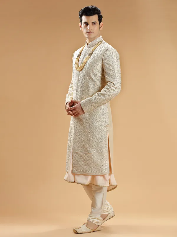 Fabulous peach raw silk groom sherwani