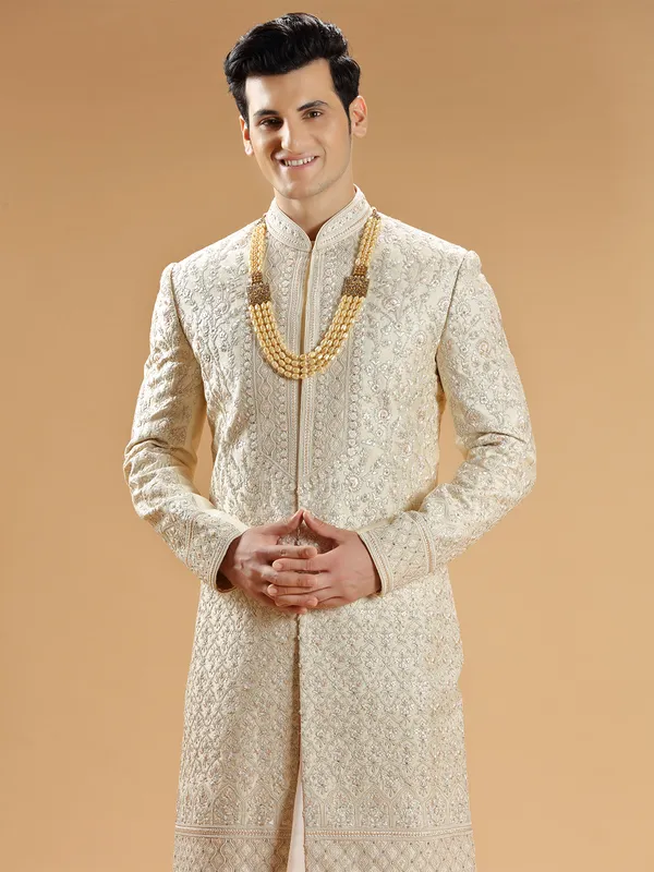 Fabulous peach raw silk groom sherwani