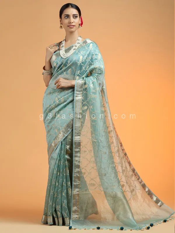 Fabulous powder blue organza saree for party look