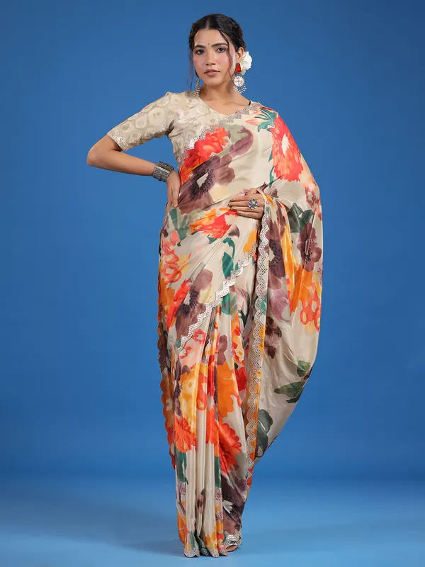 Fabulous printed beige muslin silk saree