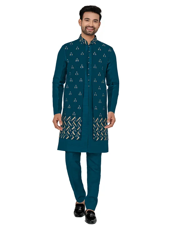 Fabulous rama blue silk indowestern for wedding