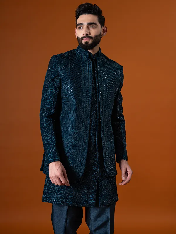 Fabulous rama blue terry rayon indo western for men