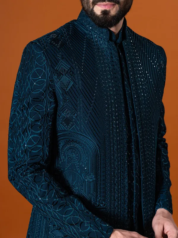 Fabulous rama blue terry rayon indo western for men