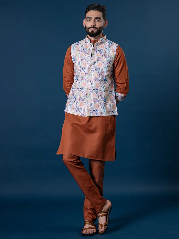 Fabulous rusty orange cotton silk waistcoat set for men