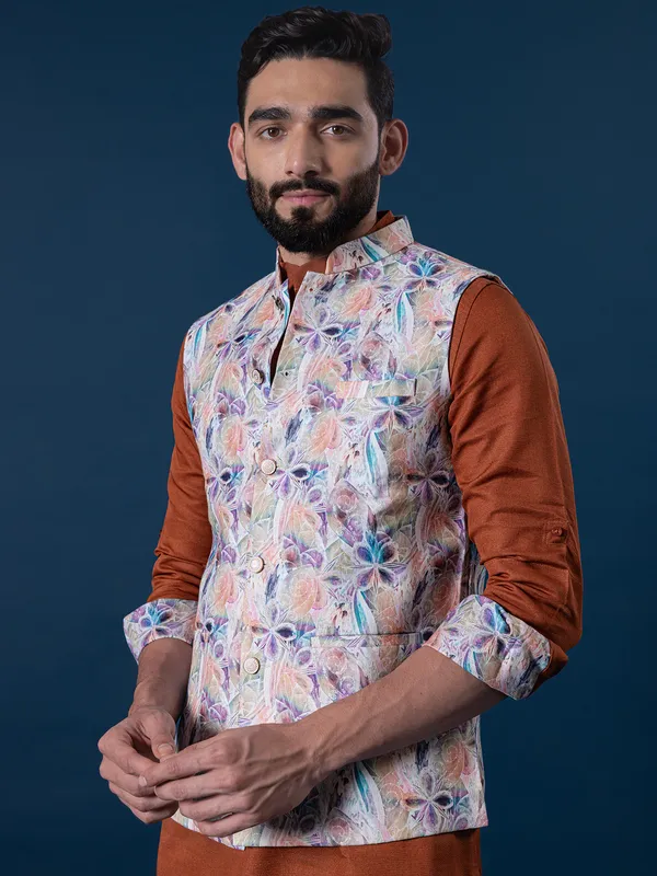 Fabulous rusty orange cotton silk waistcoat set for men