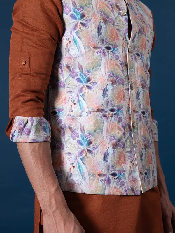 Fabulous rusty orange cotton silk waistcoat set for men