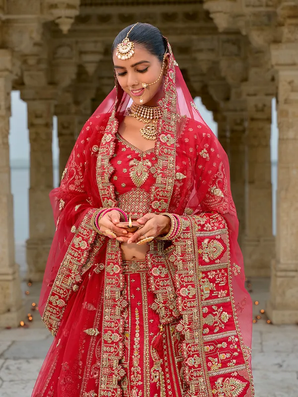 Fabulous silk red unstitched lehenga choli