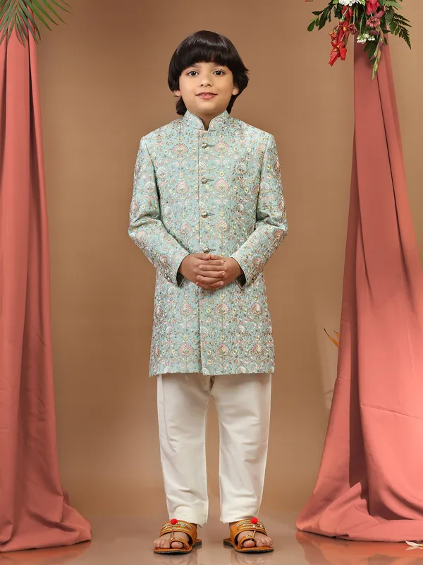 Fabulous sky blue raw silk indowestern