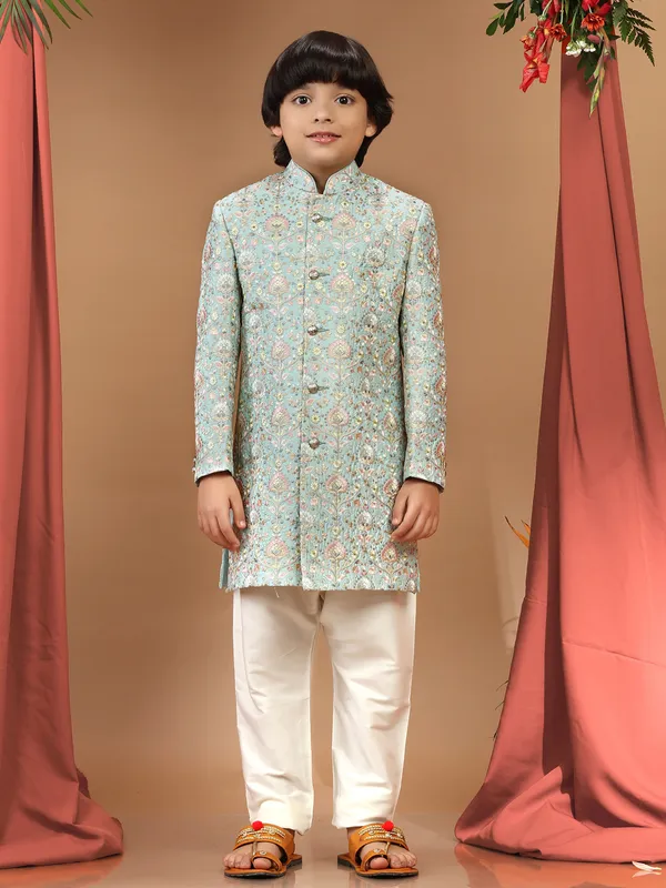 Fabulous sky blue raw silk indowestern