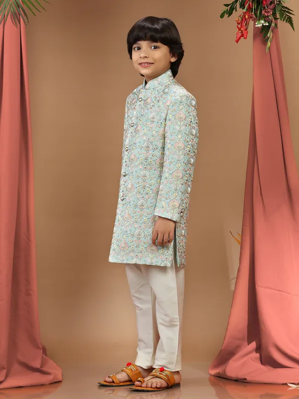 Fabulous sky blue raw silk indowestern