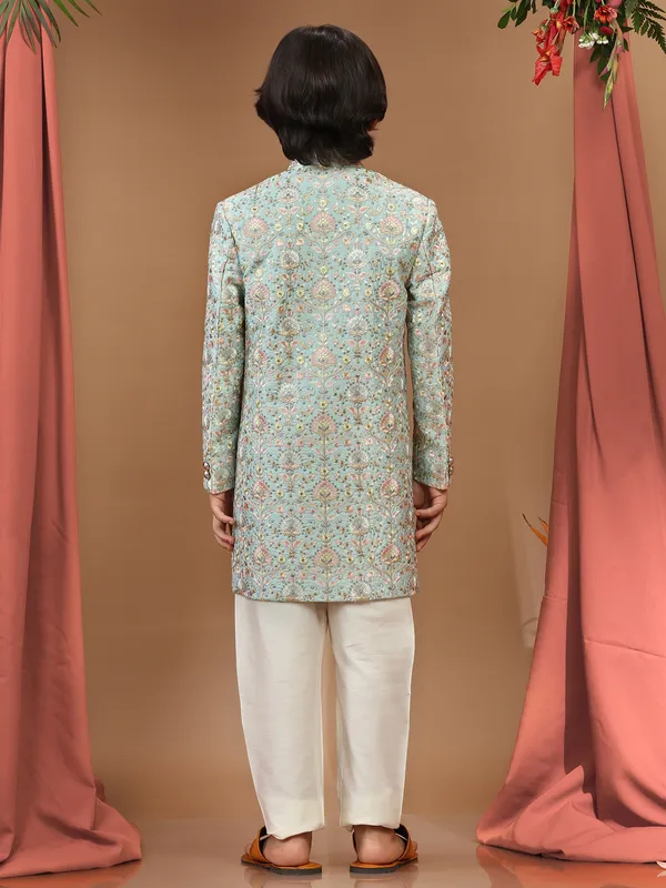 Fabulous sky blue raw silk indowestern