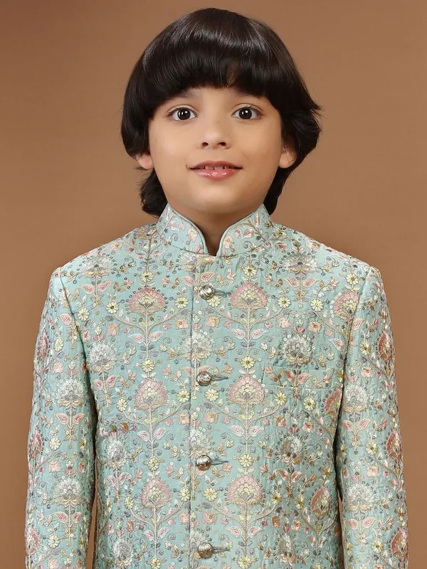 Fabulous sky blue raw silk indowestern