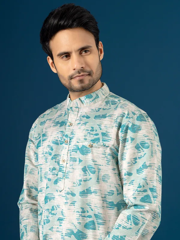 Fabulous white and sky blue cotton kurta