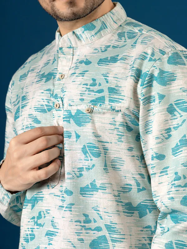 Fabulous white and sky blue cotton kurta