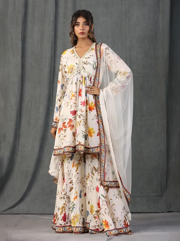 Fabulous white silk printed sharara set