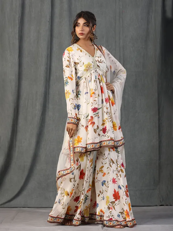 Fabulous white silk printed sharara set