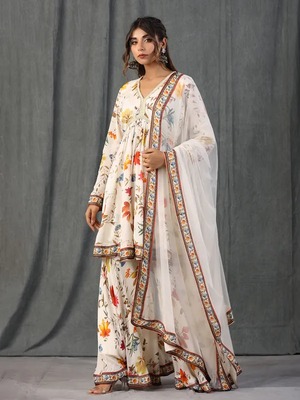 Fabulous white silk printed sharara set