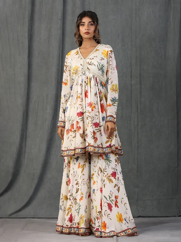 Fabulous white silk printed sharara set