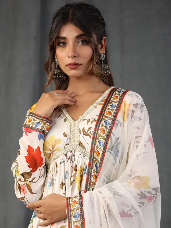 Fabulous white silk printed sharara set