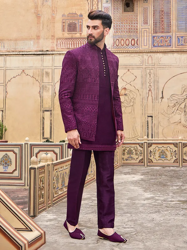 Fabulous wine silk indowestern