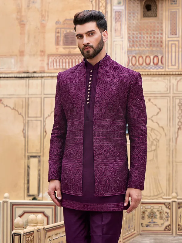 Fabulous wine silk indowestern