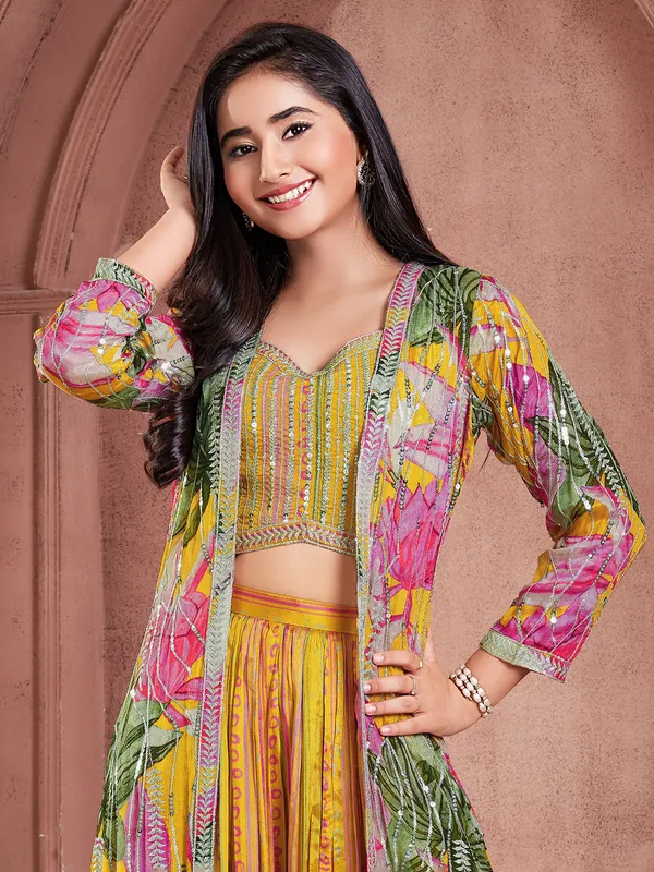 Fascinating yellow silk salwar suit with shrug