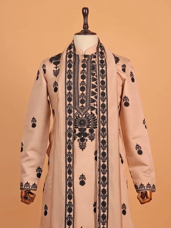 Fawn embroideried cotton silk pathani suit