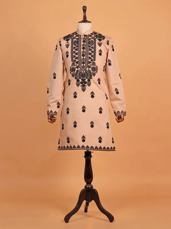 Fawn embroideried cotton silk pathani suit
