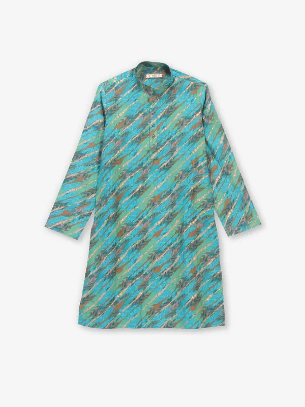 Festive blue printed cotton kurta set for boys