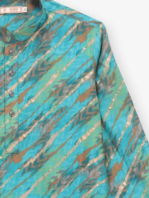 Festive blue printed cotton kurta set for boys