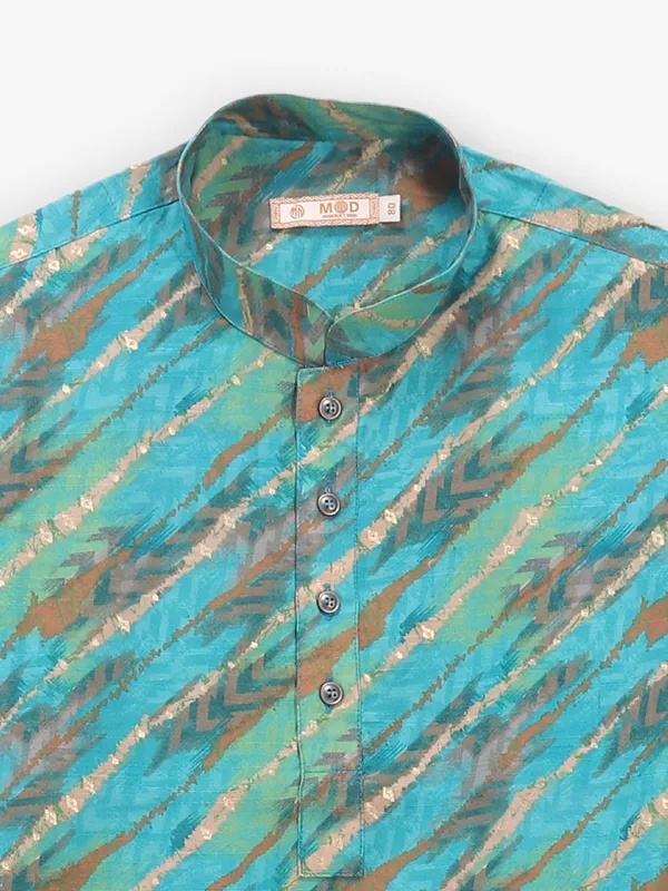 Festive blue printed cotton kurta set for boys