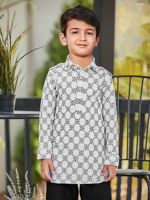 Festive charm in white and black cotton silk kurta set