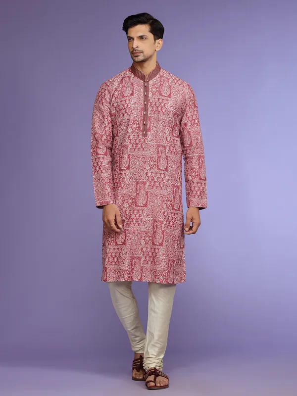 Festive cotton maroon  Men Kurta pajama in printed