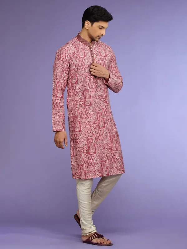 Festive cotton maroon  Men Kurta pajama in printed