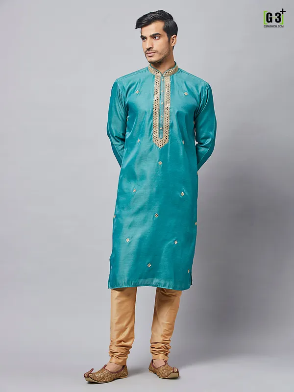 Festive event teal blue silk kurta set for mens