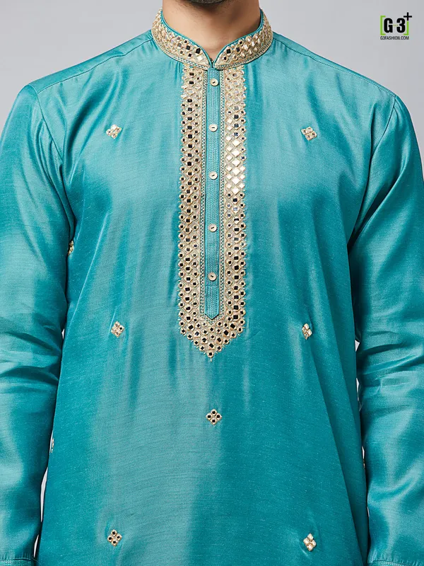 Festive event teal blue silk kurta set for mens