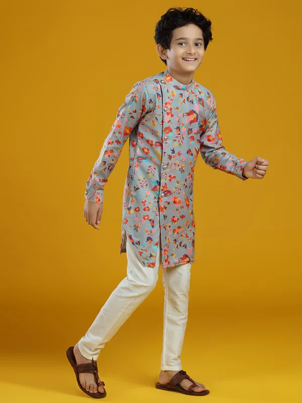 Festive grey printed pashmina silk kurta suit