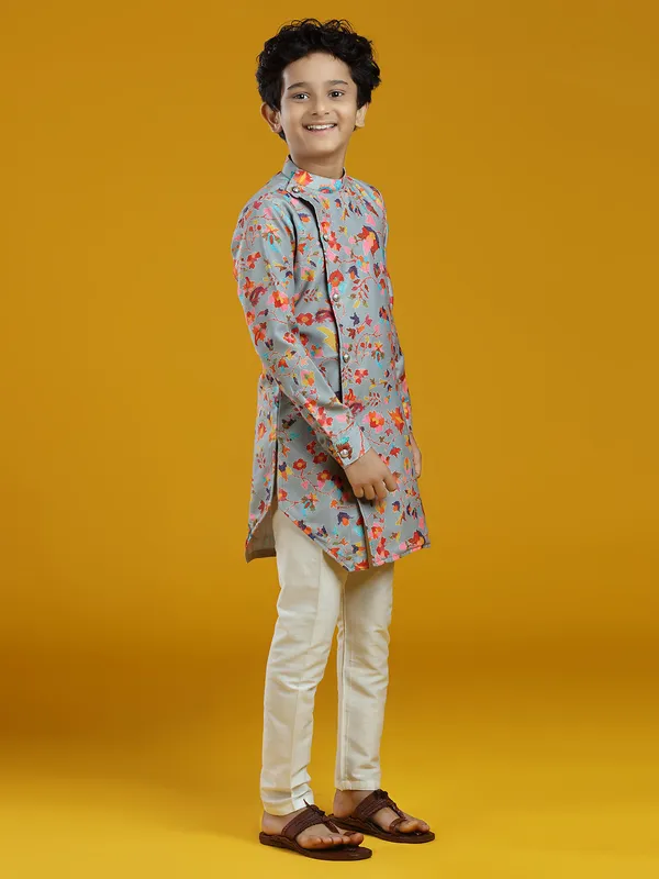 Festive grey printed pashmina silk kurta suit