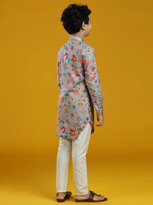 Festive grey printed pashmina silk kurta suit