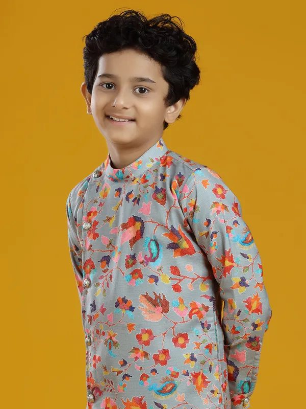Festive grey printed pashmina silk kurta suit