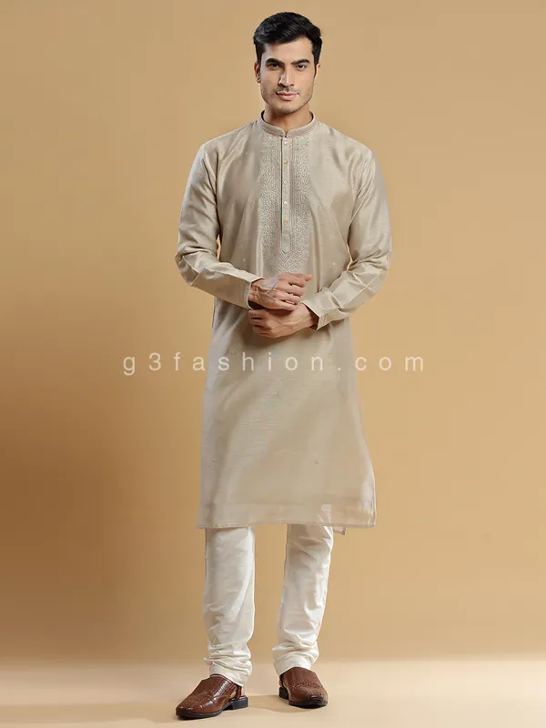 Festive look beige silk men  Kurta pajama